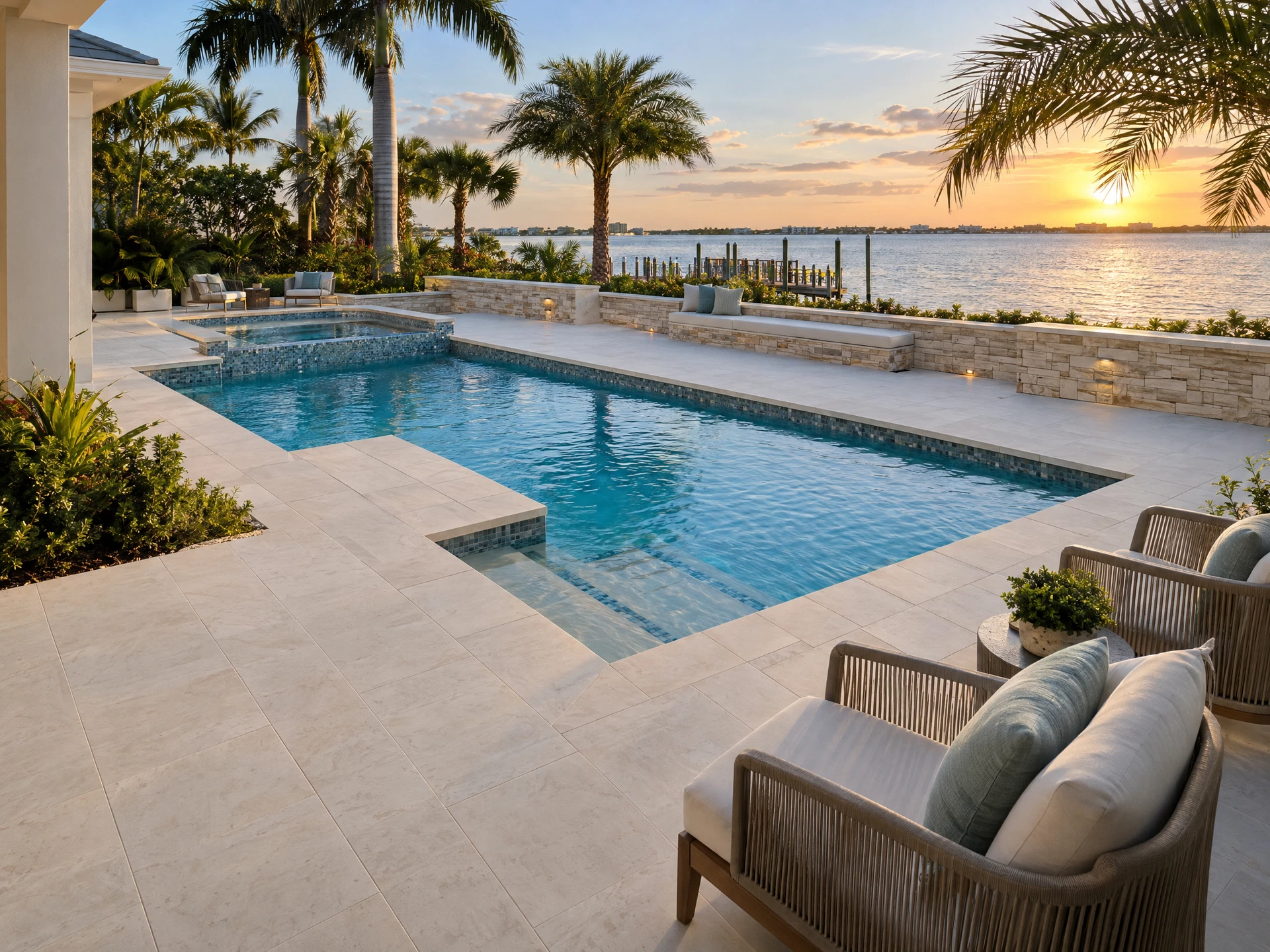 Pale stone paver pool deck at a Florida home