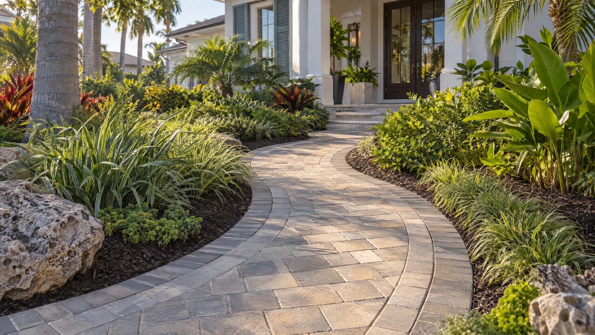Finished curving paver walkway in a sarasota tropical garden