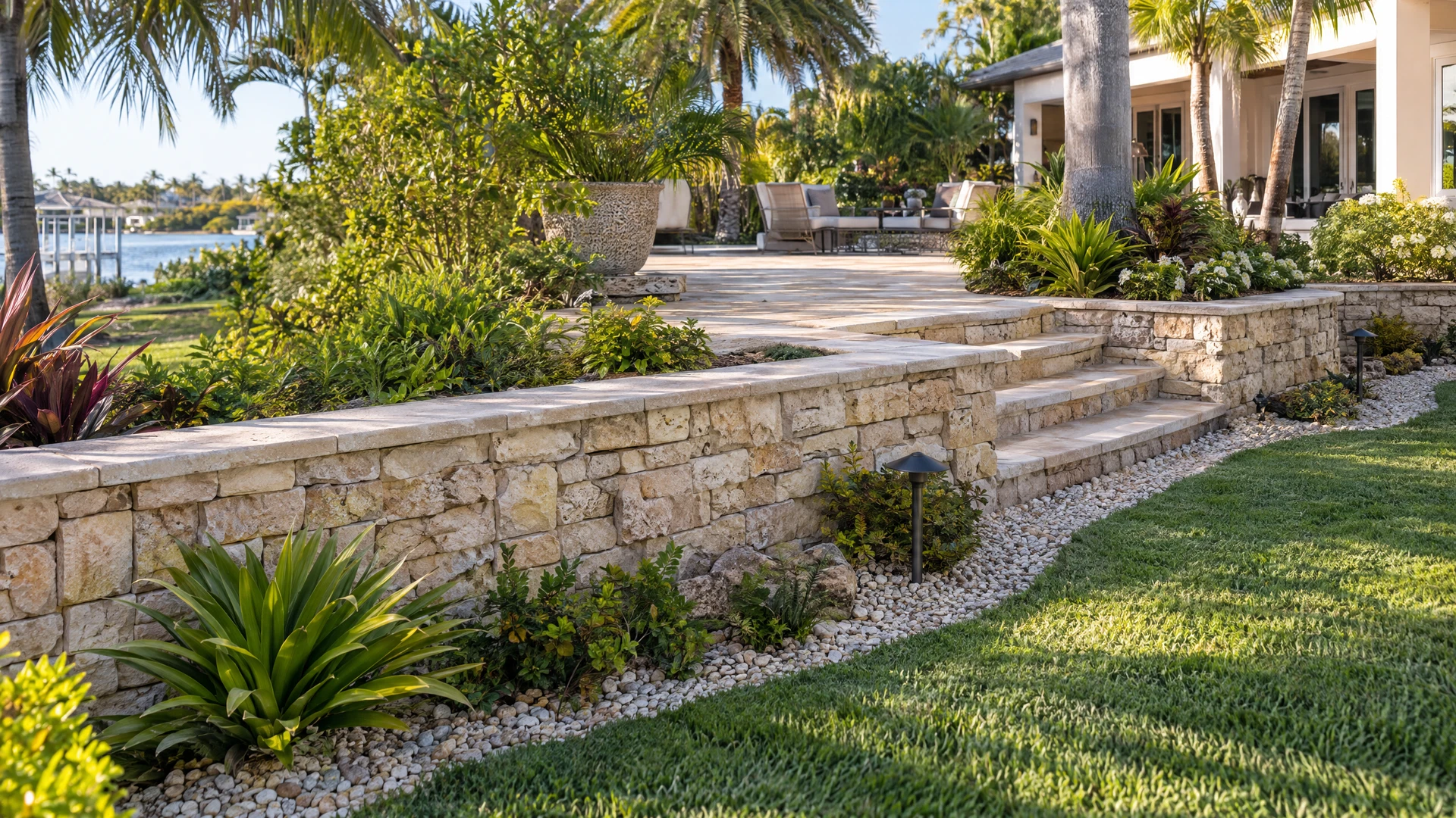 Finished natural stone retaining wall and steps in a sarasota garden